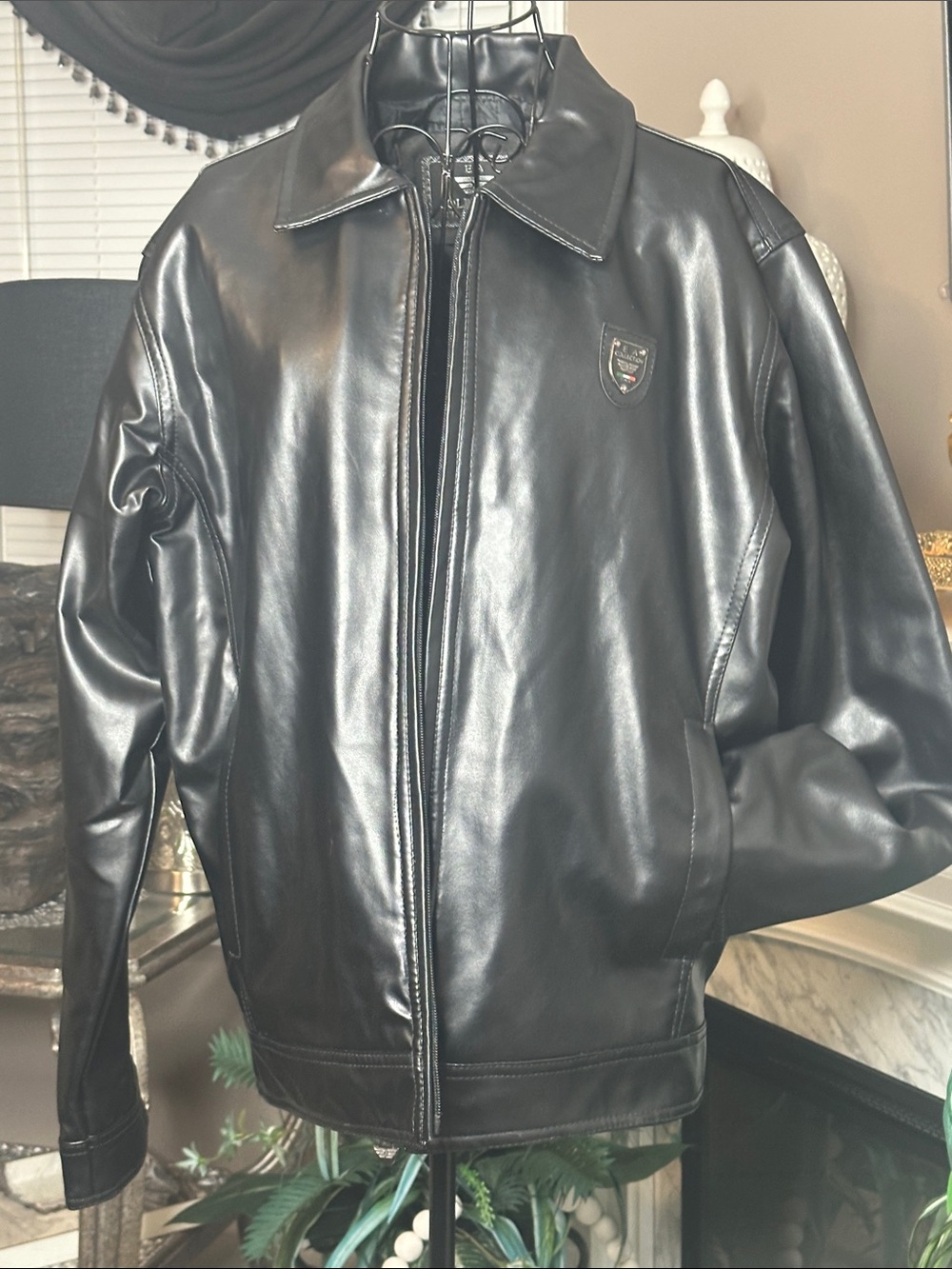Men's Black Faux Leather Bomber Jacket with Shield Patch